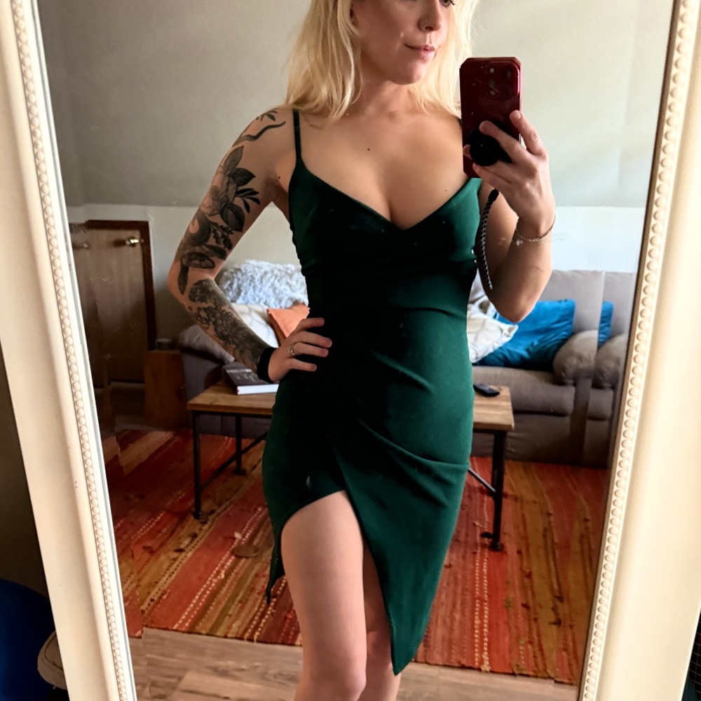PrettyLittleThing Green Sheath Mini Dress with Slit Wedding Guest Formal Event